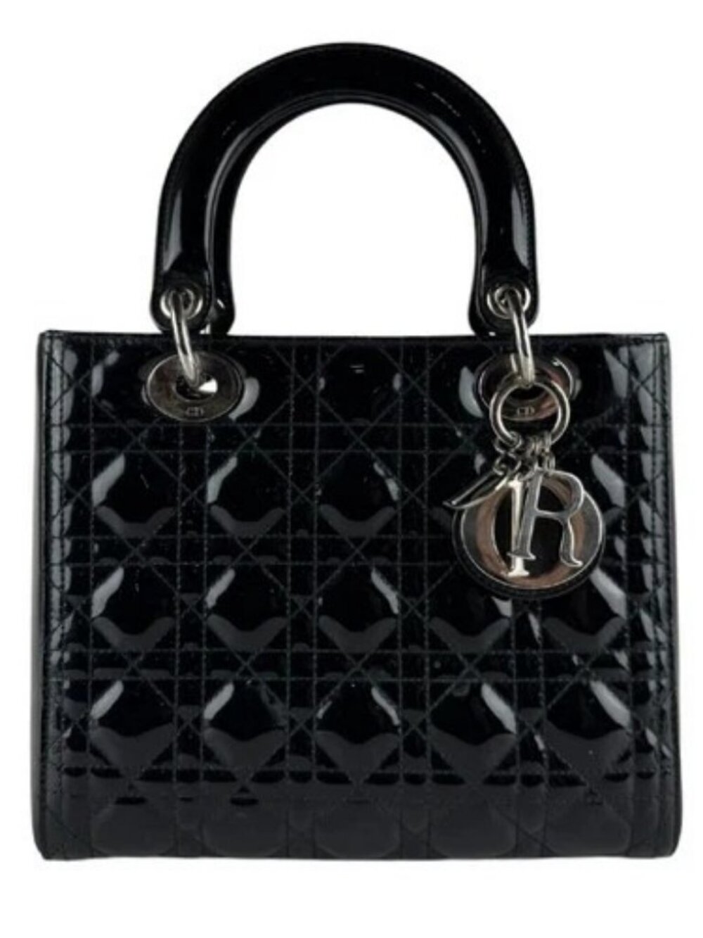 Auth Christian Dior Lady Dior Handbag Shoulder Bag Black Patent Leather - z10511